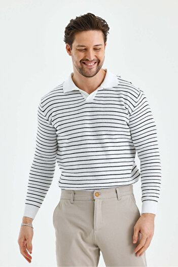 Tarz Cool Men's Placket Slim Fit Stripe Detailed Long Sleeve Polo Neck Knitwear Sweater