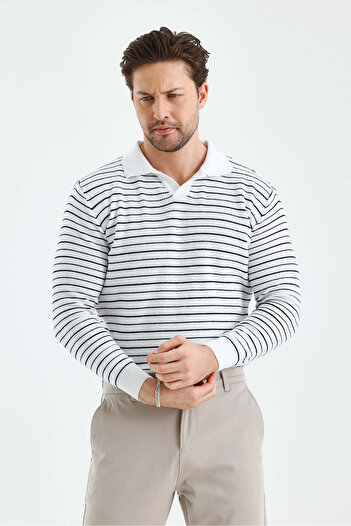 Tarz Cool Men's Placket Slim Fit Stripe Detailed Long Sleeve Polo Neck Knitwear Sweater