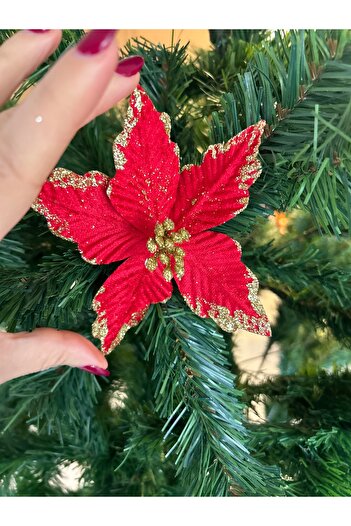 Partifabrik Christmas Tree Red Velvet Silvery Color Luxury Flower Ornament 15 cm 1 Piece - Christmas Ornament