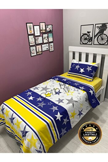 Çetinhome Yellow-Navy Single Bed Sheet Elastic Duvet Cover Set