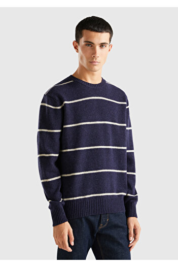 United Colors of Benetton Men's Navy Blue 100% Shetland Thin Striped Sweater