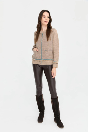 Desen Triko Women's Woolen Jacket in Beige - Crew Neck, Print Skirt and Sleeve 24085 K