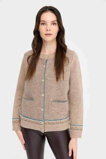 Desen Triko Women's Woolen Jacket in Beige - Crew Neck, Print Skirt and Sleeve 24085 K