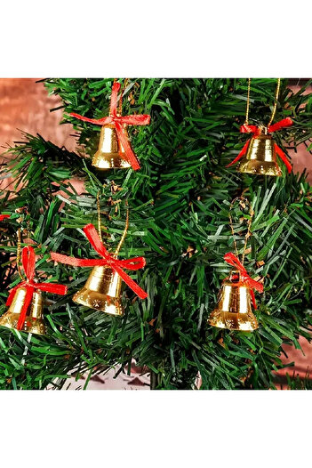 hediyeofisi New Year's Red 9-Piece Bell Ornament - 3 cm Gold Color with Bow and String