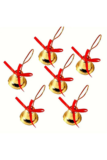 hediyeofisi Yılbaşı Ağacı Süsü Fiyonklu Kırmızılı 9'lu Çan Süs 3 Cm Gold Renk Çam Ağacı Süsü İpli Çan