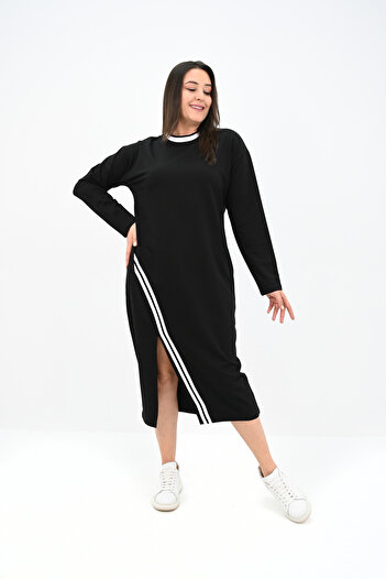 Koza Butik Γυναικείο Μακρύ Φόρεμα Plus Size Διπλής Λωρίδας με Λεπτομέρειες 5279-25