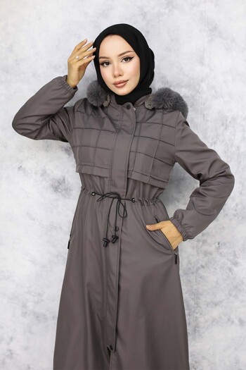 benguen 1101 Model Anthracite Plush Collar Sheepskin Bondite Coat