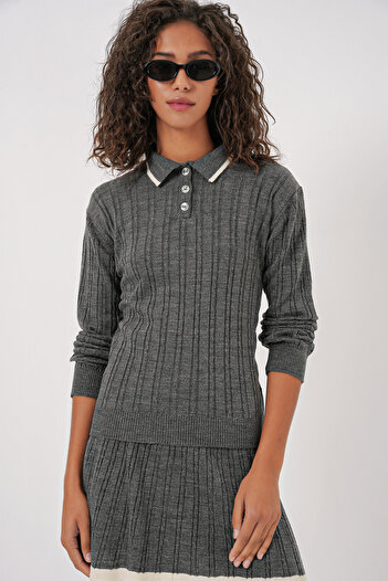 Bigdart 15907 Γυναικείο πλεκτό πουλόβερ και φούστα Polo Neck - Anthracite