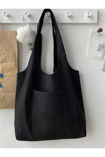 designedfy Black Canvas Gusseted Fabric Stylish Bag with Pockets, Women's Shoulder Bag 35X35X10Cm