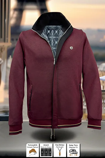 BESSA Men's Burgundy Stand Collar Jacket Full Lined Zippered Pockets Sweatshirt