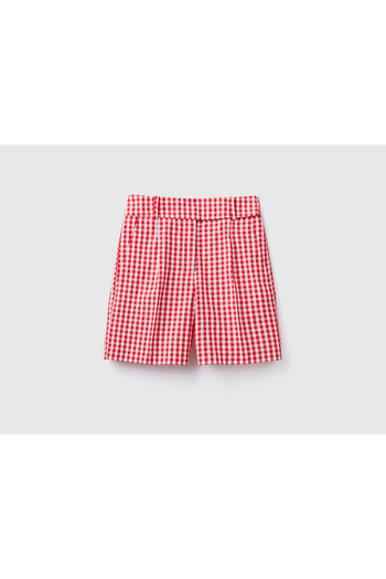 United Colors of Benetton Women's Red Linen Blended- Plaid Bermuda Shorts