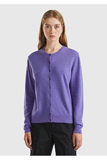 United Colors of Benetton Kadın Mor Bisiklet Yaka %100 Merino Hırka