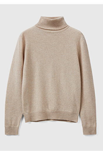 United Colors of Benetton Pulover Merino pentru femei Milk Coffee Melange - Guler Stand