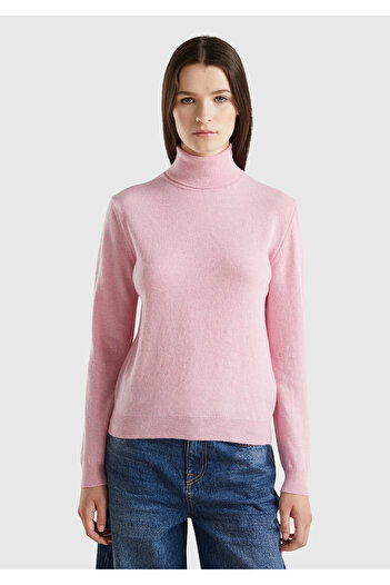 United Colors of Benetton Pulover roz pentru femei - Guler, 100% Merino