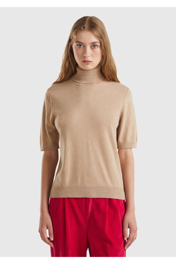 United Colors of Benetton Brown Three-Quarter Turtleneck Sweater - Wool and Cashmere Mix, Sleeve