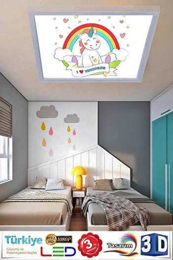 Gökyüzü Panel Unicorn Bebek Odası Avize Kare Beyaz Çerçeve,60watt Beyaz Işık, Çocuk Led Aydınlatma,