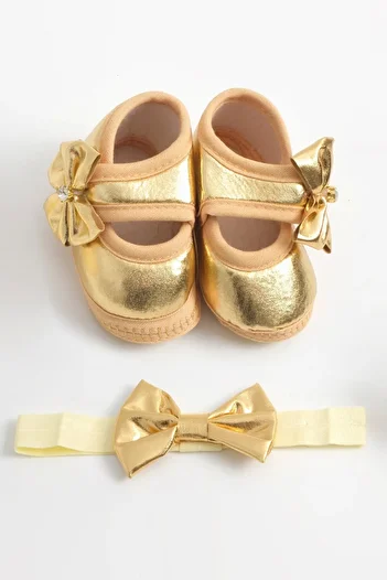 LOGO AKSESUAR 0-3 Months Newborn Baby Bandana and Booties Set - Gold Foil