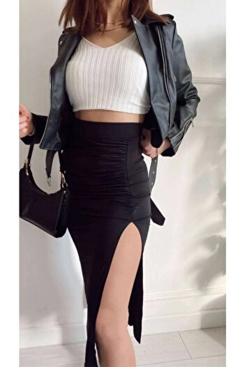 KaSheHa Siyah Sandy Kumaş Extra Yüksek Bel Full Esnek Yırtmaçlı Etek 101 Cm