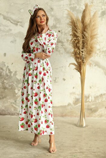 KÜÇÜĞÜM BUTİK Strawberry Patterned Hijab Waist Gathered Dress