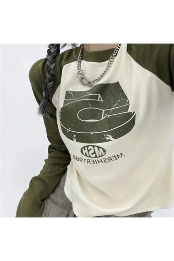 Karakedi Khaki Retro 5 Printed Long Sleeve Crop