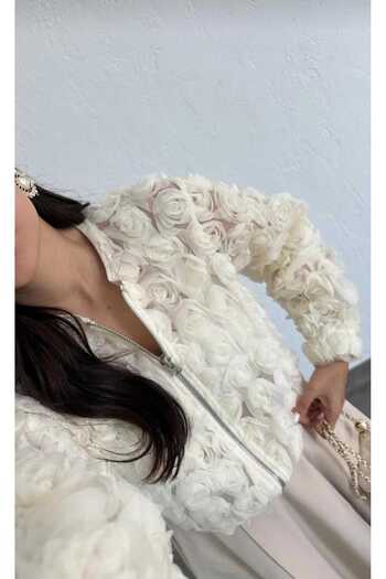 BelezaStore 3 boyutlu krem ceket güllü hırka gül