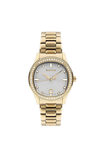 Quantum Stone Detailed Checkered Gold Color Women's Wrist Watch with Bracelet Gift