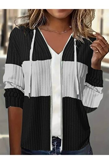 Gökyüzü Moda Women's Long Sleeve Hooded Front Zip Block Print Hooded Camisole Jacket