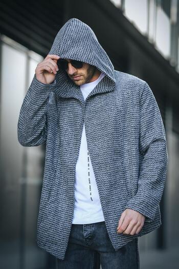 Oksit Kenny Geometric Patterned Hooded Men's Poncho Knitwear Cardigan