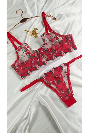 COLOR DE PIEL Women's Red Flower Patterned Bralet Elegant Bra Set