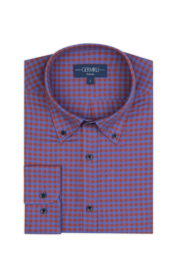 Germirli Albini Burgundy Blue Potikare Flannel Buttoned Collar Tailor Fit Cotton Shirt