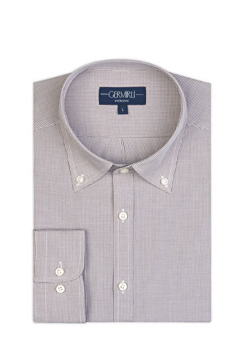 Germirli Albini Exclusive Brown Gingham Button Collar Tailor Fit Cotton Shirt