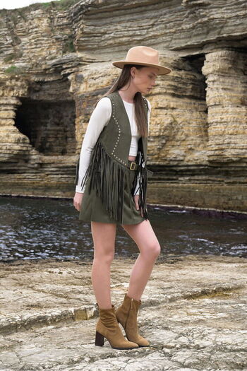Caddebostan Moda Khaki Tasseled Droplu Suede Premium Luxury Trend Special Design Women's Vest