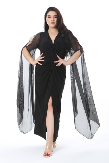 Şans Women's Plus Size Black Sleeves Tulle Detail Long Evening Dress 65N38578