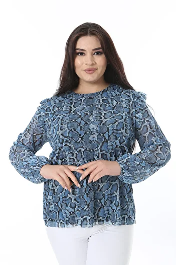 Şans Women's Plus Size Blue Shoulders Flounce Detail Lined Tulle Blouse 65N38541