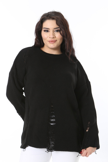 Şans Women's Plus Size Black Ripped Detail Knitwear Sweater 65N38563