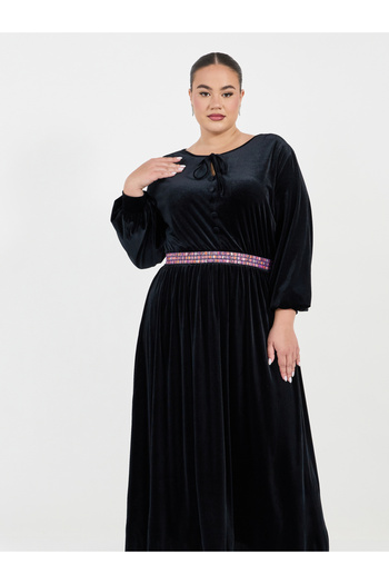 Styli Plus Size Embroidered Waistband Velvet Look Maxi Dress