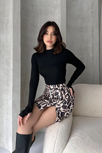 bacc Women's Beige Leopard Print Slit Mini Skirt Bcdf- 242144