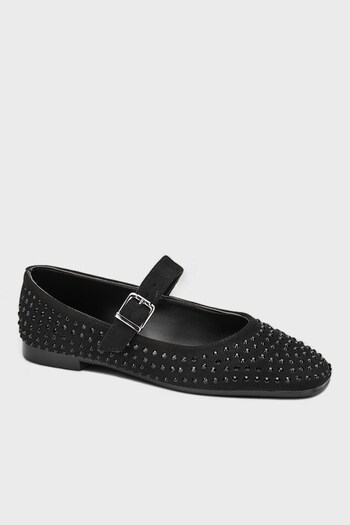 Nstil Daily Women's Black Ballerinas Adjustable Buckle Single Band Short Heel Blunt Toe Stone Shoes 287