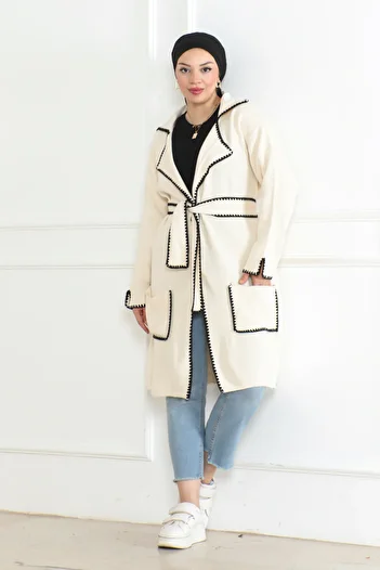 MAY MARA Women's Choban Stitch Detailed Pocket Long Knitting Cardigan