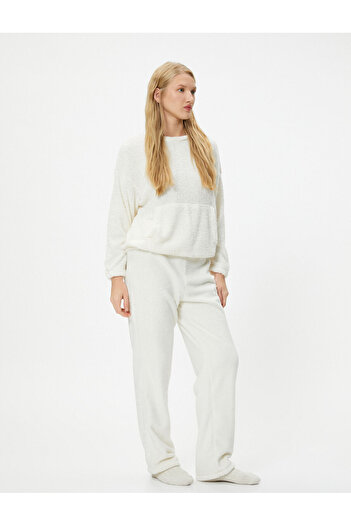 Koton Polar Pajama Bottoms Embroidered Straight Leg Elastic Waist