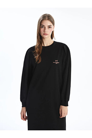 LC Waikiki LCW Modest Siyah Bisiklet Yaka Nakışlı Kadın Sweatshirt Elbise