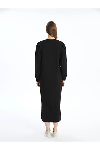 LC Waikiki LCW Modest Siyah Bisiklet Yaka Nakışlı Kadın Sweatshirt Elbise