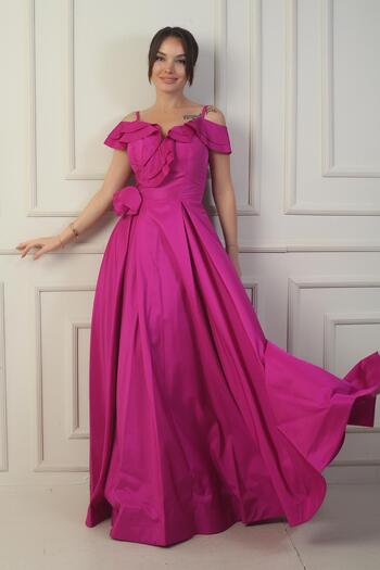 By Saygı Women's Rope Strap Boat Neck Rose Detailed Lined Long Taffeta Evening Dress with Pockets