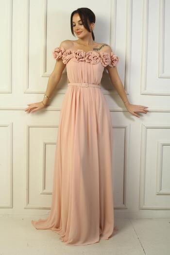 By Saygı Women's Lapel Laser Cut Floral Lined Long Chiffon Dress with Waist Belt