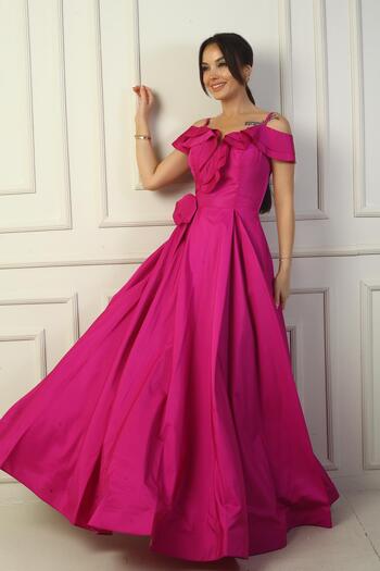 By Saygı Women's Rope Strap Boat Neck Rose Detailed Lined Long Taffeta Evening Dress with Pockets