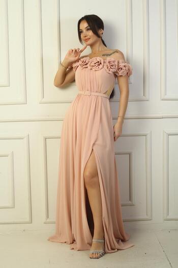 By Saygı Women's Lapel Laser Cut Floral Lined Long Chiffon Dress with Waist Belt