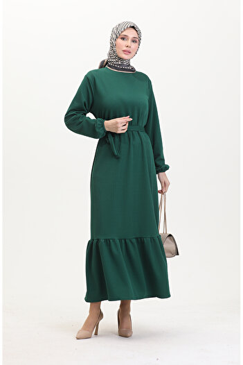 sefamerve Twist Fabric Ribbed Ruffled Dress 0528-07 Green