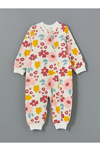 LC Waikiki Beige V-Neck 1 Tog Floral Baby Girl Romper
