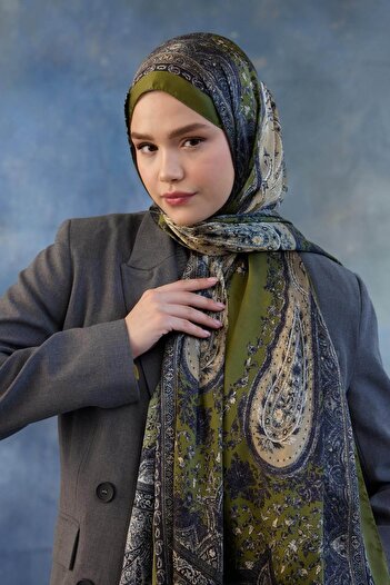 İpekhan Khaki Green Indian Voile Shawl - 5002-05