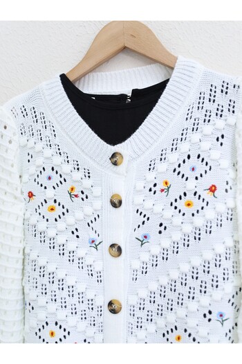 Modamorfo Openwork Ecru Knitwear Cardigan - Floral Embroidery and Pompom